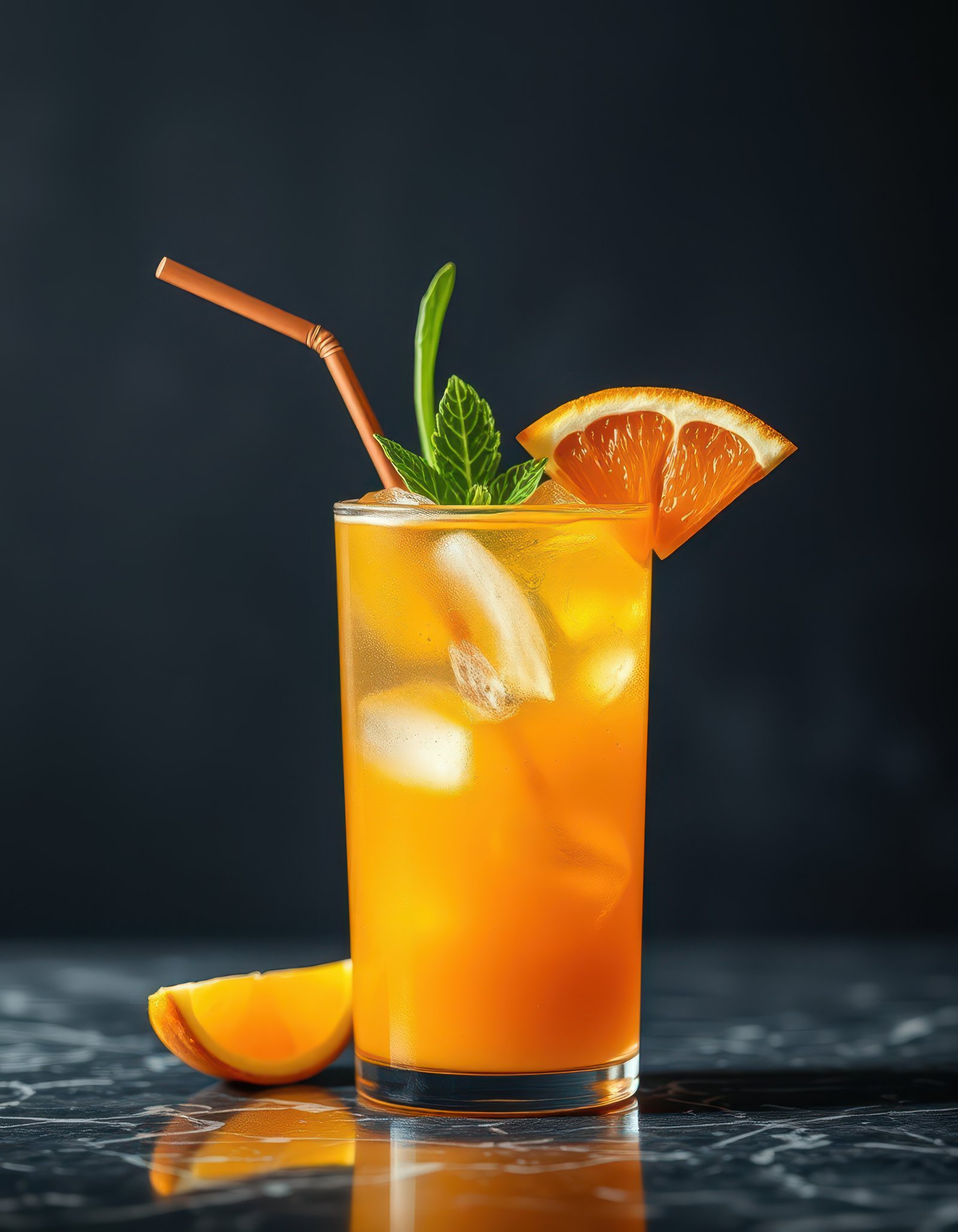 Refreshing orange cocktail with ice and mint garnish served in a tall glass
